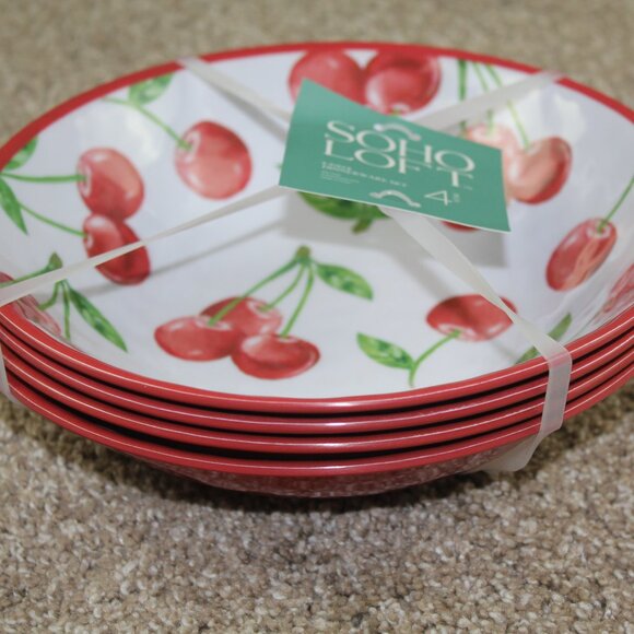 Soho Loft Cherry Melamine Bowls Set of 4 Cereal Soup White Red 8" NWT - Picture 2 of 3